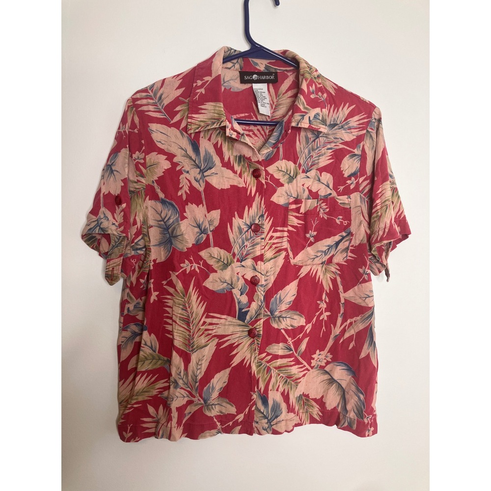Sag Harbor Button Down Shirt Womens M Red Silk Tropical Leaf Print Excellent